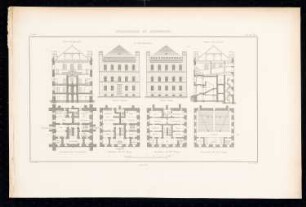 Strafanstalt, Insterburg: Bl. 9: Mittelgebäude A: Grundrisse, Aufrisse, Querschnitte (aus: Bauausführungen des preußischen Staats, Bd. 2)