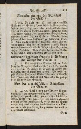 111-123, Von der mannichfaltigen Abtheilung der Staaten. §. 104. - Einige zur Kriegsverfassung gehörige Anstalten. §. 115.
