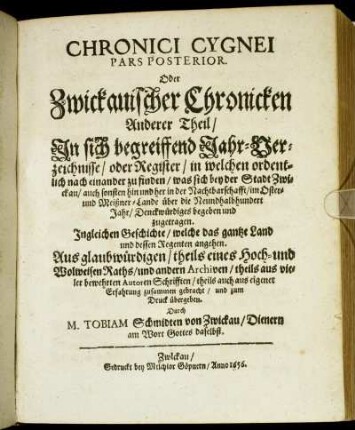 2: Chronici Cygnei Pars Posterior Oder Zwickauischer Chronicken Anderer Theil. 2