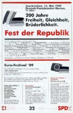 Programm zum Euro-Festival '89 der SPD in Saarbrücken anlässlich der Europawahl 1989