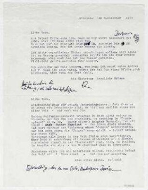 Brief von Raoul Hausmann und Hedwig Hausmann an Vera Hausmann. Limoges. Zusatz von Hedwig Hausmann