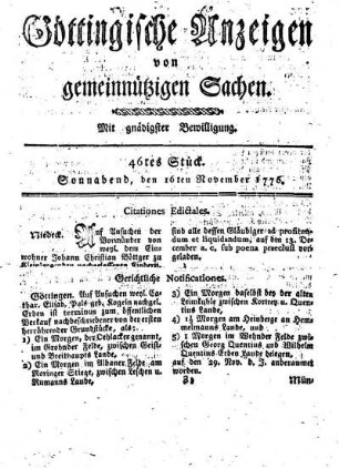 46tes Stück. Sonnabend, den 16ten November 1776.