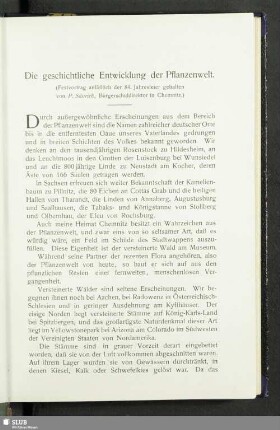 Die geschichtliche Entwicklung der Pflanzenwelt : Festvortrag anläßlich der 84. Jahresfeier gehalten