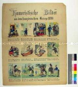 Bilderbogen mit 12 Karikaturen auf Kaiser Napoleon III., Wihelm I. und die Überbringung der Emser Depesche