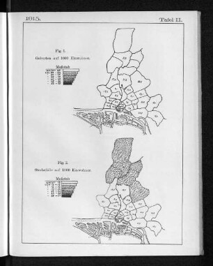 Fig. 1. Geburten auf 1000 Einwohner. Fig. 2. Sterbefälle auf 1000 Einwohner.