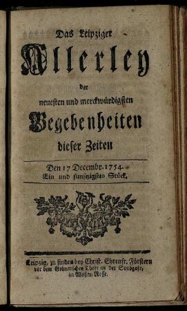 Den 17 Decembr. 1754. Ein und funftzigstes Stück.