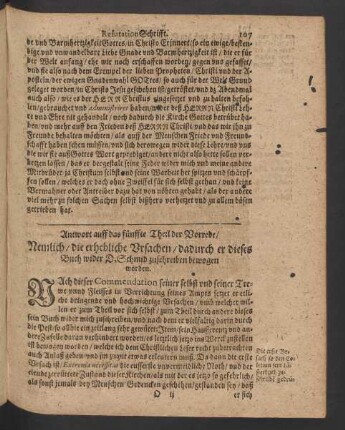 Antwort auff das fünffte Theil der Vorrede/ Nemlich/ die erhebliche Ursachen/ dadurch er dieses Buch ...