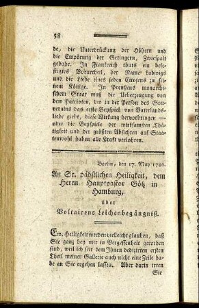 An Sr. päbstlichen Heiligkeit, dem Herrn Hauptpastor Götz in Hamburg, über Voltairens Leichenbegängniß.