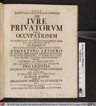 Dispvtatio Inavgvralis Ivridica De Ivre Privatorvm Circa Occvpationem