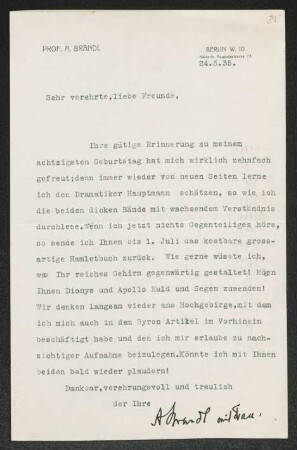 Brief von Alois Brandl und Jula Brandl an Gerhart Hauptmann und Margarete Hauptmann