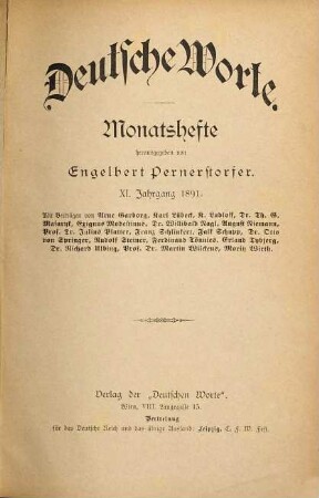 Deutsche Worte : Monatshefte. 11. 1891