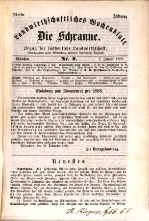 Die Schranne : Wochenblatt für praktische Landwirthschaft ; Organ des Landesprodukten- und Waarenmarktes in München. 5. 1866