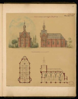 Zweischiffige Dorfkirche in märkischem Backstein für 300 Sitzplätze Monatskonkurrenz Juni 1877: Grundriss, Aufriss Südansicht, Turmansicht (Eingang), Längsschnitt; Maßstabsleiste