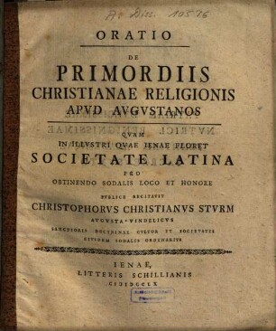 Oratio De Primordiis Christianae Religionis Apvd Avgvstanos