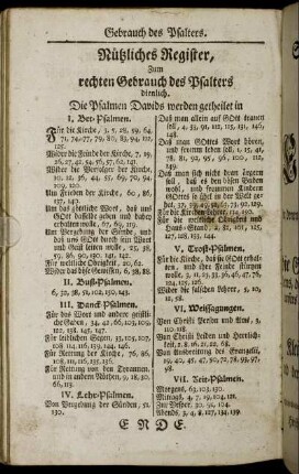 Nützliches Register, Zum rechten Gebrauch des Psalters dienlich.