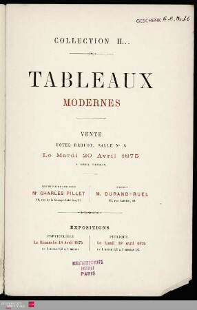Tableaux modernes : collection H... ; vente Hôtel Drouot, salle 8, 20 avril 1875