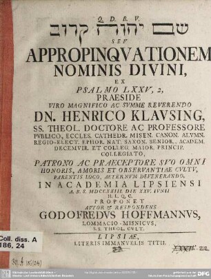 Šēm Jahwe qārōḇ Seu Appropinquationem Nominis Divini Ex Psalmo LXXV,2