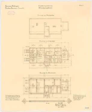 Garnisonslazarett, Göttingen Wirtschaftsgebäude: Grundriss Fundamente, Erdgeschoss, Dachgeschoss 1:100