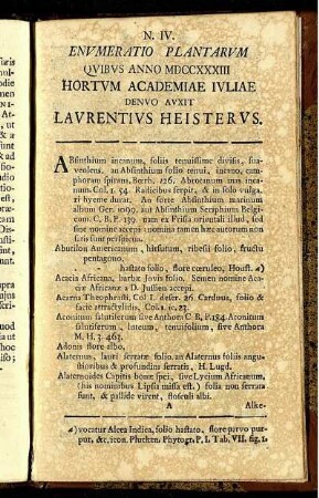 N IV. Enumeratio Plantarum ...
