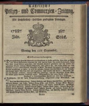 38tes Stueck, Montag den 22ten September. 1788
