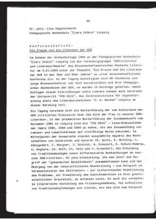 Konferenzbericht. Die Frauen und die Literatur der DDR