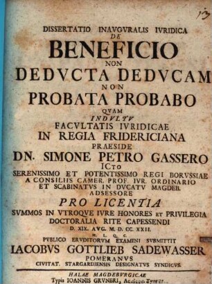 Diss. inaug. iur. de beneficio Non deducta deducam, non probata probabo