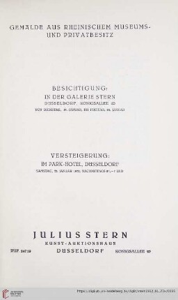 Katalog Nr. 3: Auktions-Katalog / Julius Stern, Kunst-Aktionshaus: Gemälde aus rheinischem Museums- und Privatbesitz : 23. Januar 1932