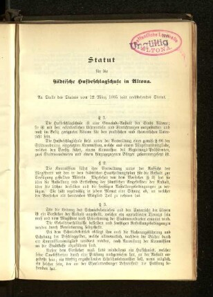 Statut für die städtische Hufbeschlagschule in Altona.