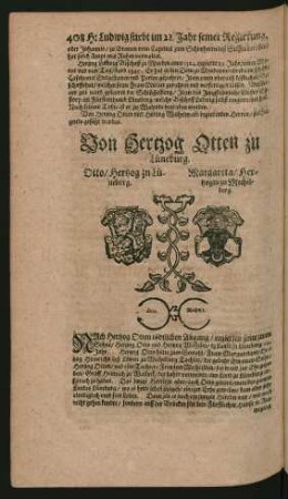 Wappen. Otto/ Hertzog zu Lüneburg. und Margareta/ Hertzogin zu Mechelburg.