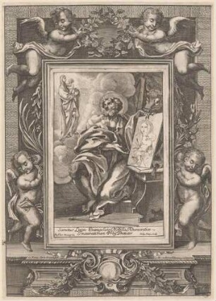 Die Madonna erscheint dem heiligen Lukas, mit Schmuckrahmen