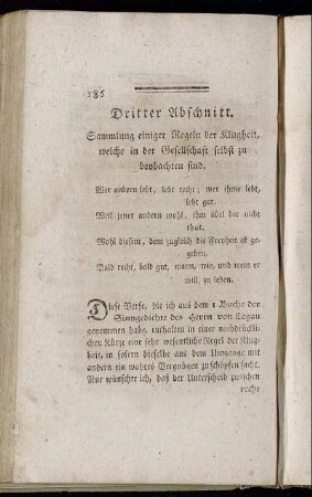 Dritter Abschnitt. Sammlung einiger Regeln der Klugheit, welche in der Gesellschaft selbst zu beobachten sind.