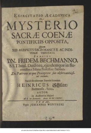 Exercitatio Academica De Mysterio Sacrae Coenae Pontificiis Opposita