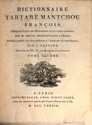 Dictionnaire Tartare-Mantchou François : Composé d'après un Dictionnaire Mantchou-Chinois, 2