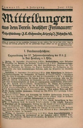 Nummer 27. 4. Jahrgang. Juni 1926.