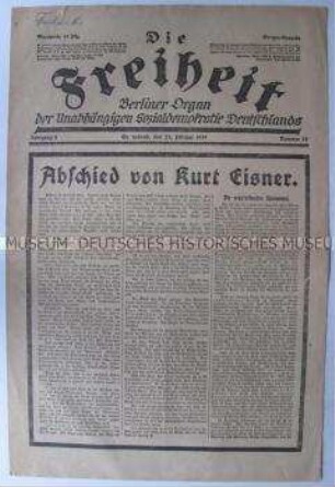 Tageszeitung der USPD Berlin "Die Freiheit" zur Beisetzung von Kurt Eisner