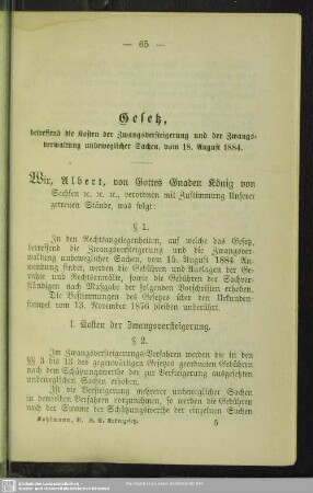 Gesetz, betreffend die Kosten der Zwangsversteigerung und der Zwangsverwaltung unbeweglicher Sachen vom 18. August 1884