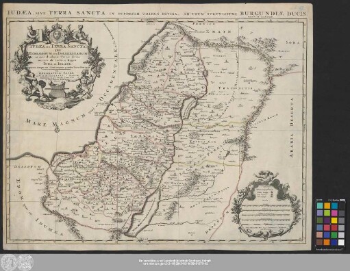 Iudæa seu Terra Sancta quæ Hebræorum sive Israelitarum in suas duodecim Tribus divisa secretis ab invicem Regnis Iuda et Israel : expressis insuper sex ultimi termporis ejusdem Terræ Provincijs : vel Geographiæ Sacræ ex V: et N: Testamento desumtæ Tabula, in qua Terra Promissa in Suas Tribus, Partesque divisa