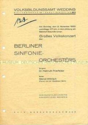Programm des Volksbildungsamtes Wedding zu einem Konzert