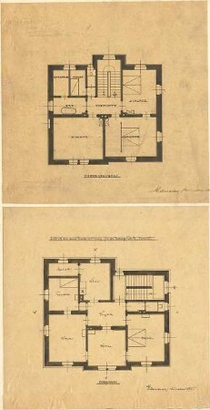 Littmann, Max; Archiv Littmann, Mappe 1, Schlösser und Villen - Entwurf zu einer Direktorenwohnung für die Holzstofffabrik "Bohemia" (Grundriss EG,Grundriss 1. OG)