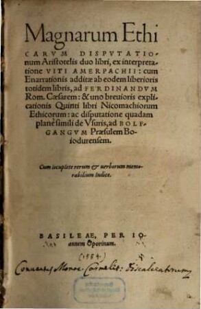 Magnarum Ethicarum Disputationum Aristotelis duo libri
