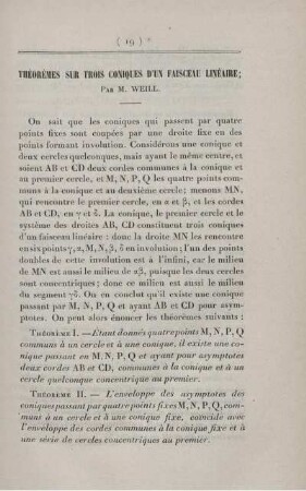 Théorèmes sur trois coniques d'un faisceau linéaire.