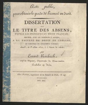 Dissertation sur le titre des absens, d'après les principes du droit français
