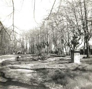 Altdöbern. Schloßpark (um 1750/55; C. H. v. Heinecken, Sparing; 1880/1900; E. Petzold). Wasserparterre. Ansicht von West mit Sandsteinfiguren (um 1750/55; G. Knöffler)