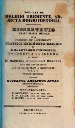 Nonnulla de delirio tremente, adiecta morbi historia : Diss. inaug. med.