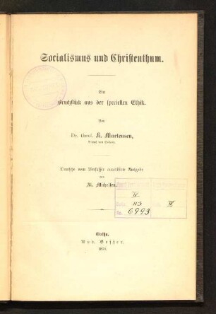 Socialismus und Christenthum : ein Bruchstück aus der speciellen Ethik