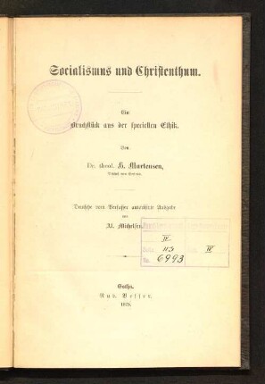 Socialismus und Christenthum : ein Bruchstück aus der speciellen Ethik