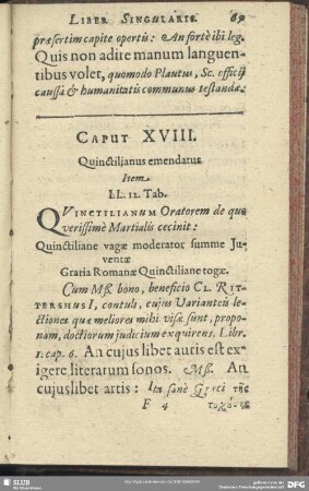 Caput XVIII. Quinctilianus emendatus