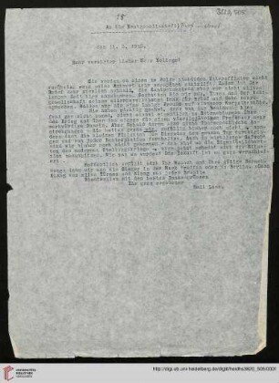 Heid. Hs. 3820,505: Brief von Emil Lask an Prof. Siebert/Kantgesellschaft (Abschrift)
