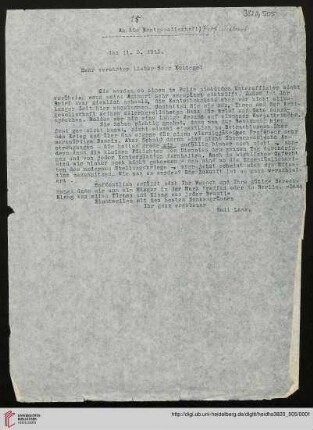 Heid. Hs. 3820,505: Brief von Emil Lask an Prof. Siebert/Kantgesellschaft (Abschrift)