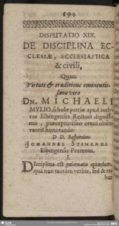 Disputatio XIX. De Disciplina Ecclesiae, Ecclesiastica & civili